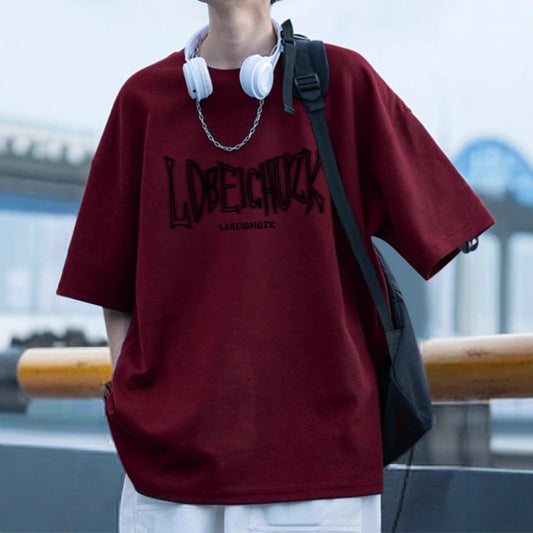 Heavy Cotton Wine Red Short Sleeve t Men's Summer T-shirt2025New American High Street Style T Loose Casual T-Shirt
