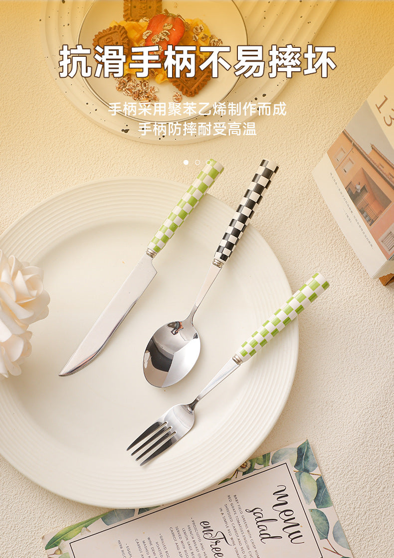 ins Checkerboard Pattern Western Steak Knife and Fork Ceramic Handle Stainless Steel Fork Spoon Dessert Cutlery Set Three-Piece Set