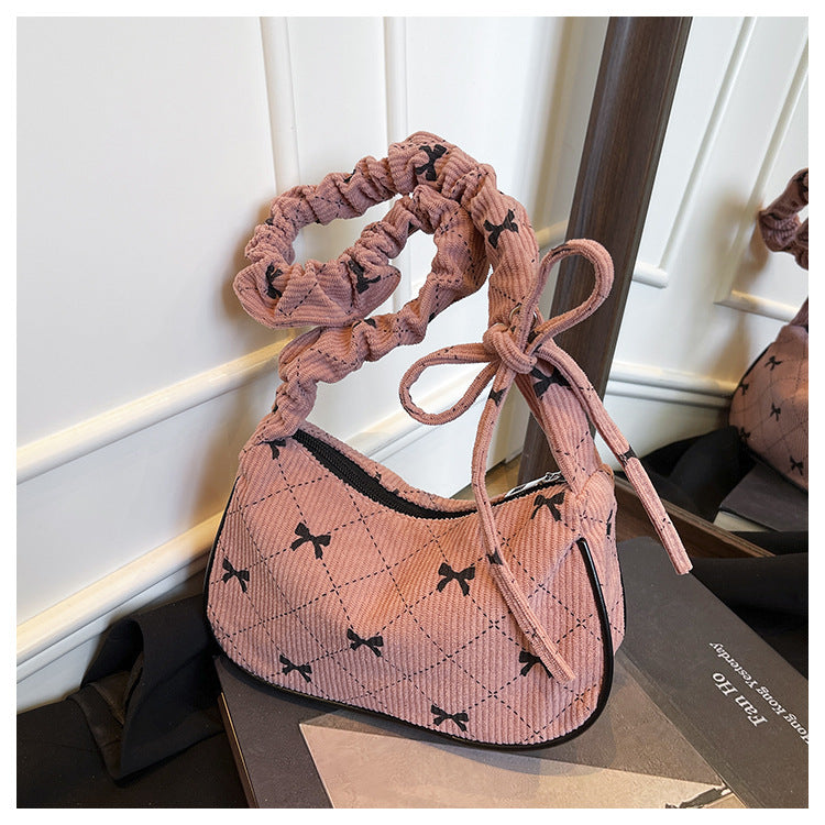 Sweet Bow Plaid Single Shoulder Underarm Crescent Bag2024Autumn new simple casual large capacity handbag