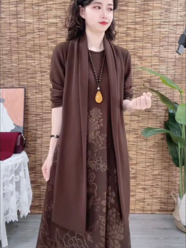 High-End Boutique New Autumn Winter Fashion Elegant Middle-Aged Women's Long Dress Slimming Dress with Scarf