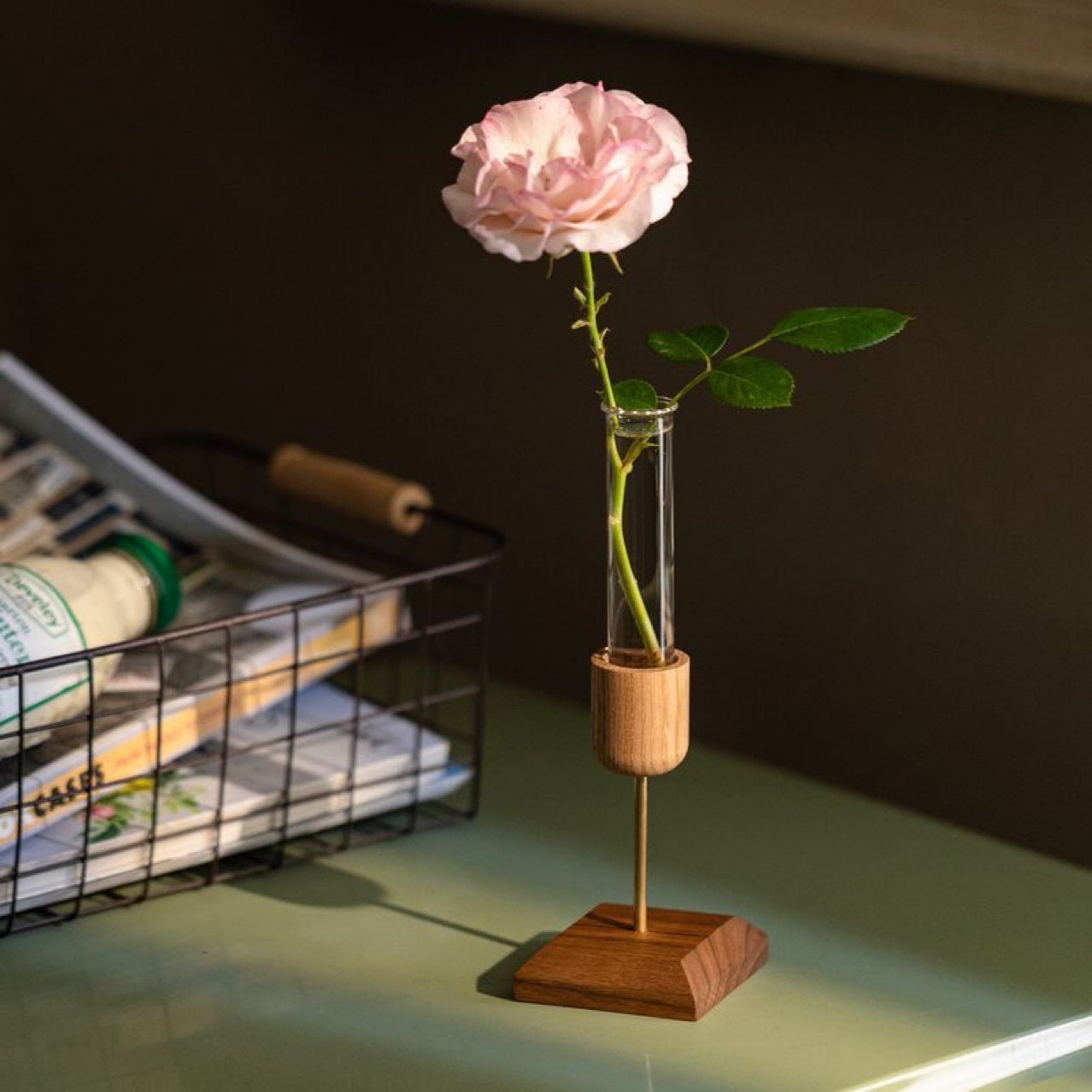 Creative Home Desktop Ornament Wooden Vase Test Tube Transparent Glass Hydroponic Plant Flower Arranger Simple Country Style