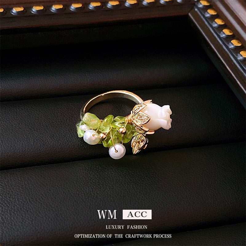 Real Gold Plated Baroque Pearl Tulip Flower Open Ring Korean Fresh Sweet Forest Style Light Luxury Jewelry