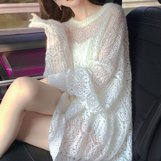 2025Spring New Soft Gentle Fairy Style Hollow Out Sweater Mid-Length Lazy Solid Color Cover-Up Top