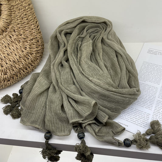 Cotton Linen Scarf for Women, Vintage Artistic Wooden Bead Tassel, Solid Color Silk Scarf, Spring Autumn Winter Versatile Long Casual Shawl