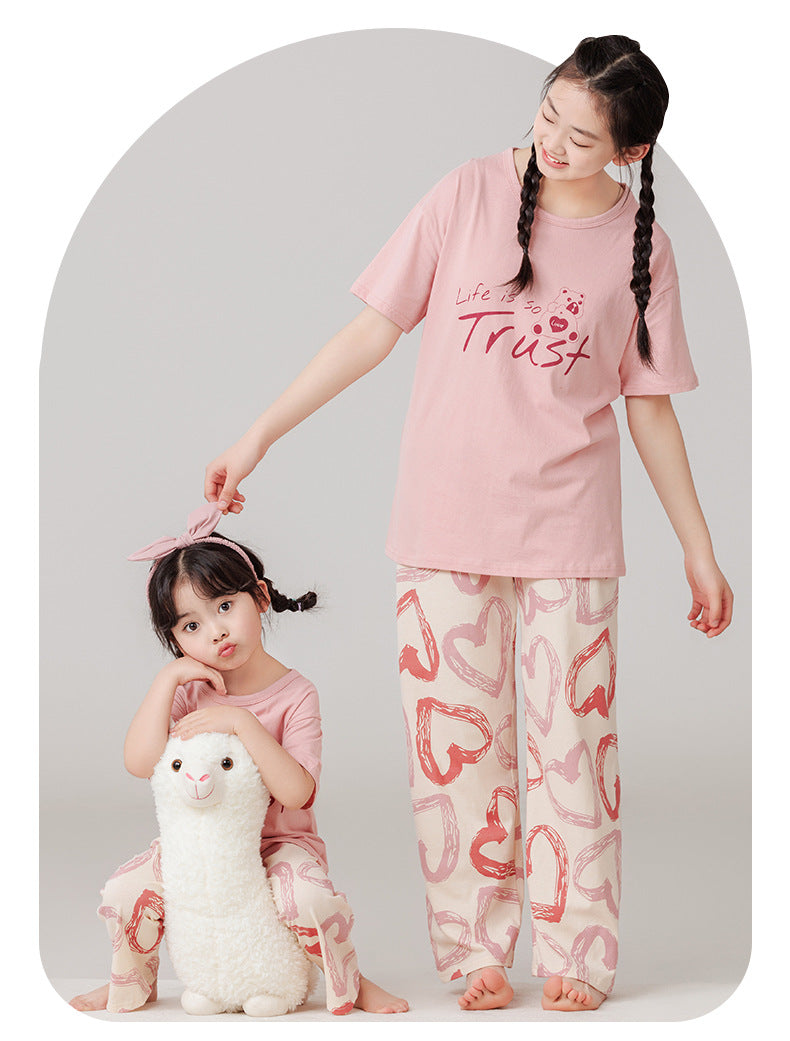 Parent-Child Cotton Homewear Summer Style Children's Short Sleeve Long Pants Set Cartoon Air Conditioning Clothing Sweat-Absorbing Printed Pajamas Couple Outfit