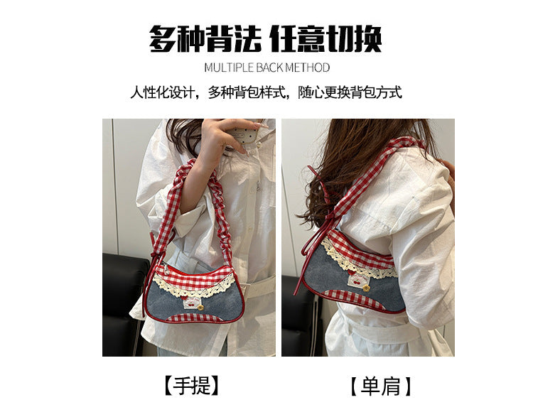 Super Popular Crossbody Bag for Women2025New Plaid Fabric Bag Wrinkled Color-Block Shoulder Bag Popular Commuter Small Square Bag