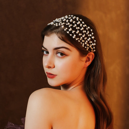 European and American Bride Accessories Wedding Dress Hairband Handmade Pearl Mesh Hair Press Headpiece Exotic Style Accessories Headband