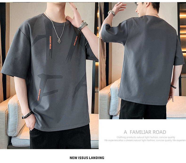Summer Trendy Hong Kong Style Men's Printed Round Neck Short Sleeve T T-shirt Plus Size Loose Casual T-Shirt for Overweight Men