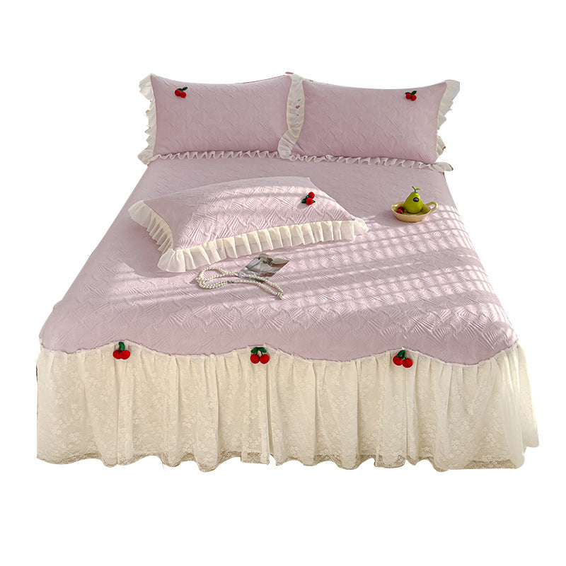 Summer Ice Silk Cooling Mat Lace Edge Cool Soft Mat Three-Piece Set Ethylene Fiber Ice Bean Mat Bed Skirt Style Bedding