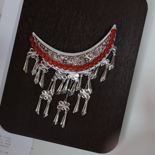 Hanfu Hair Accessories Miaojiang Crescent Moon Tassel Hair Ornament Warring States Robe Wei Jin Style Retro Forehead Accessories Ancient Style Hairpin