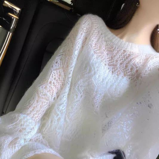 2025Spring New Soft Gentle Fairy Style Hollow Out Sweater Mid-Length Lazy Solid Color Cover-Up Top