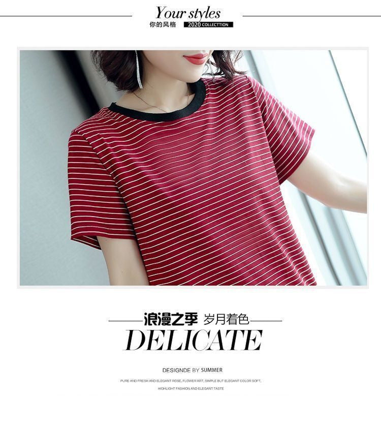Summer Waist-Cinching Dress Plus Size Middle-Aged and Elderly Mom Outfit Mid-Length Striped Short Sleeve T Women's T-shirt Skirt Cross-Border Wholesale
