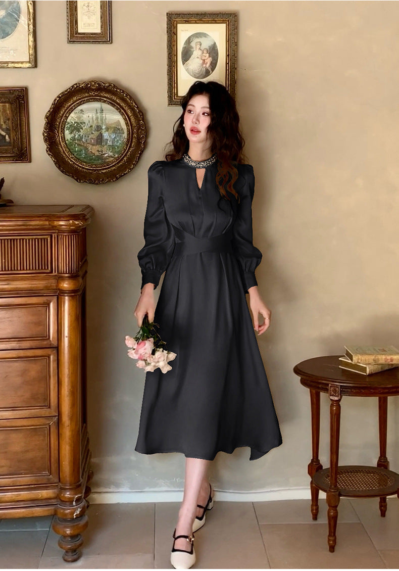 French A Line skirt2025Spring and Summer New Women's Long Sleeve Dress Waist Slimming Elegant Acetate Satin Long Dress