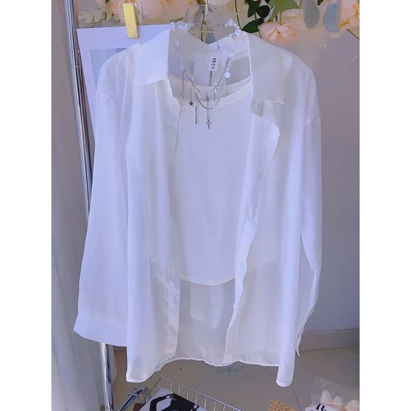 2025Summer Gentle Sweet Back Bow Pearl Sunscreen Blouse for Women Thin Sheer Chiffon Shirt Top