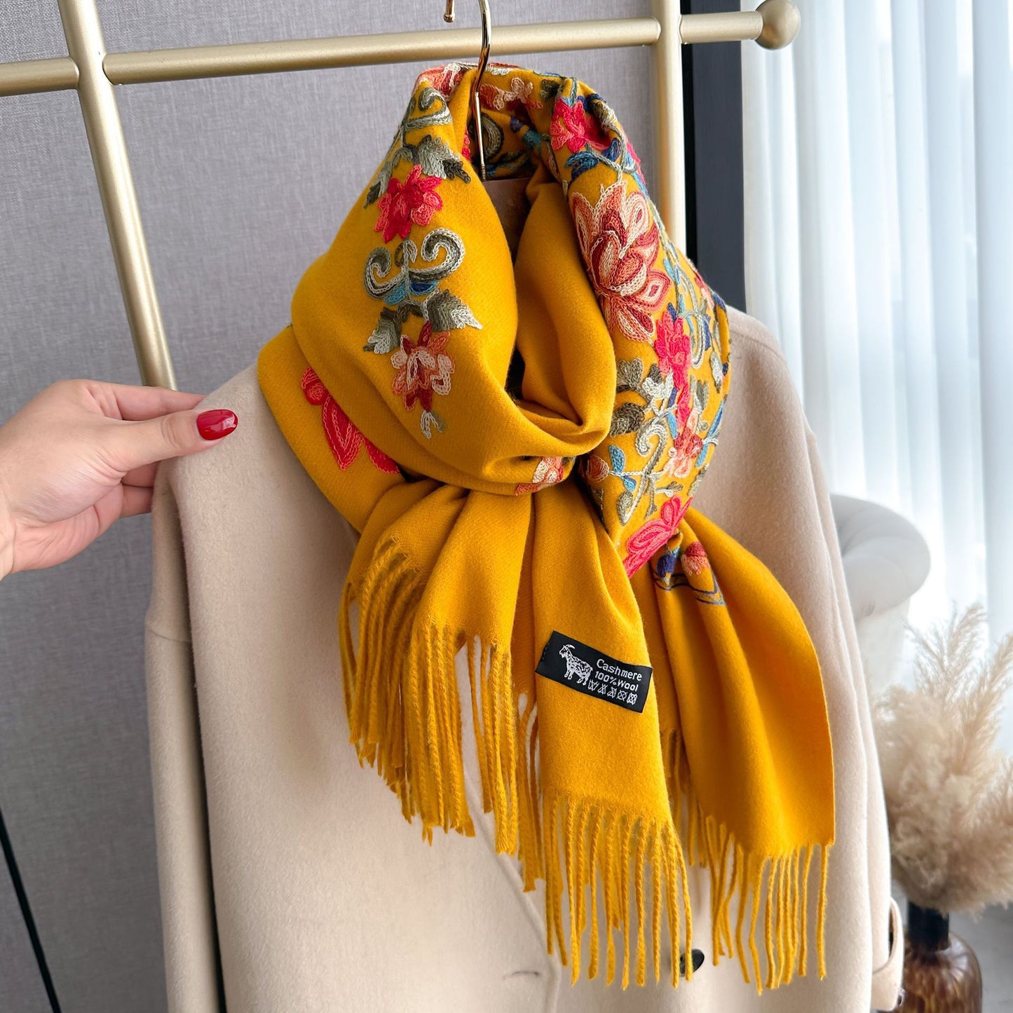Bright Red Gold Thread Embroidered Scarf for Women Winter Versatile Wool Thickened Warm Cashmere Large Shawl for Women Dual-use Outerwear