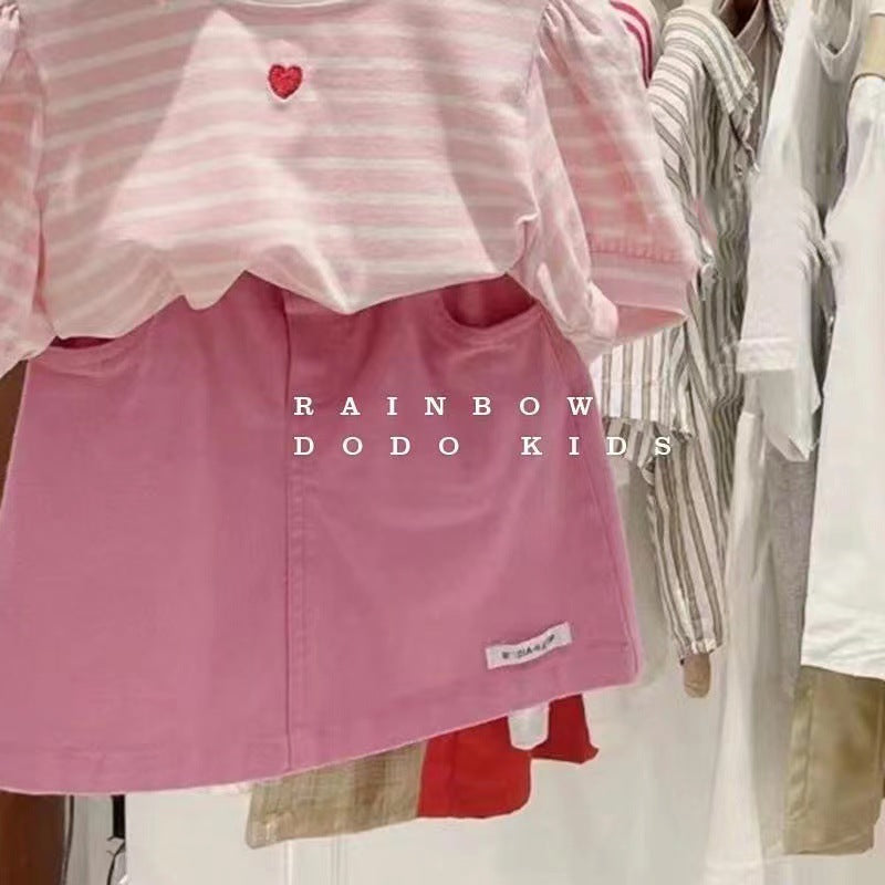 Girls' Stylish New Outfit Set2024Summer children's clothing heart stripe short-sleeve top set for little girls two-piece set