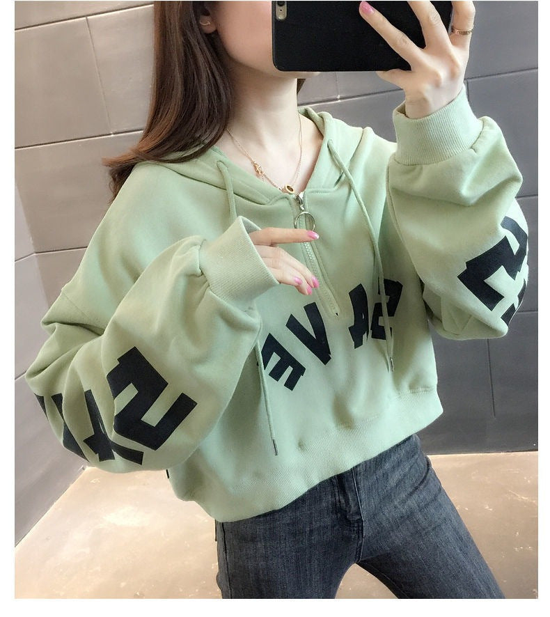 Half Zipper Hooded Short Petites Sweatshirt Women2025New Early Autumn Thin High-Waisted Stylish Streetwear Jacket Trend