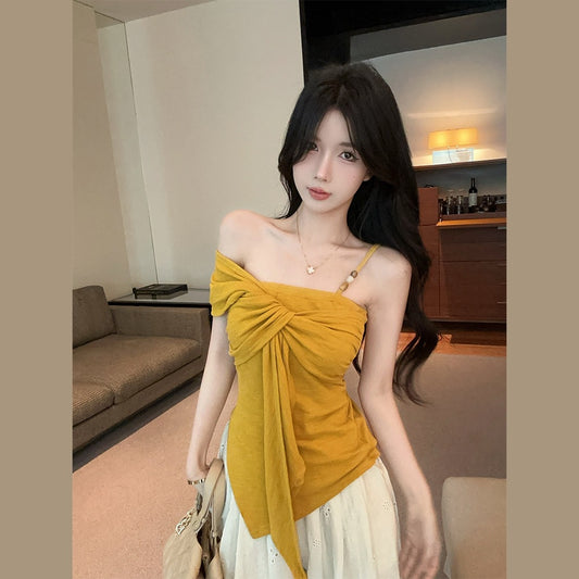 Pure Desire Hot Girl Off-Shoulder Twist t Women's T-shirt2025Summer New Slim Fit Fashionable Unique Design Top