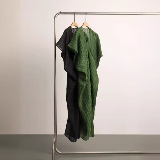Spot Goods Gracefully Entering_Tencel Linen Blend Three-Dimensional Ribbed Texture Cocoon Design Dress2024Skirt