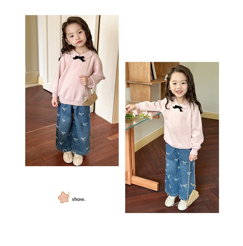 Girls' Pants Bowknot Print Jeans Wide Leg Straight2025Autumn New Fashionable and Stylish for Girls and Young Children