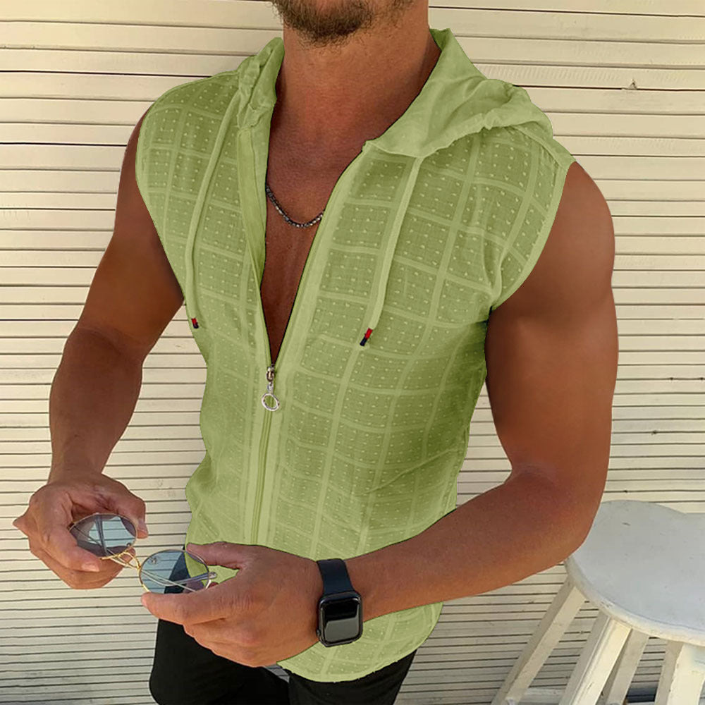 Short Sleeve Hooded Zip Cardigan T Men's T-shirt2023Summer New Fashion Plaid Sleeveless t Men's T-shirt Polo Collar Top