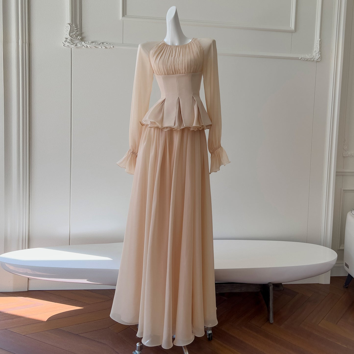 Yige Lila2025Early Autumn New Apricot Waist-Cinching Long Sleeve Coat Paired with Long Skirt 71443+51361