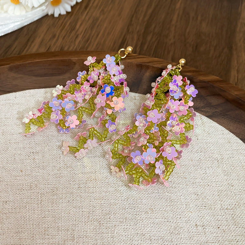 Resort Style Silver Needle Fabric Flower Tassel Earrings High-End Fashion Earrings Bohemian Sweet Exaggerated Ear Jewelry