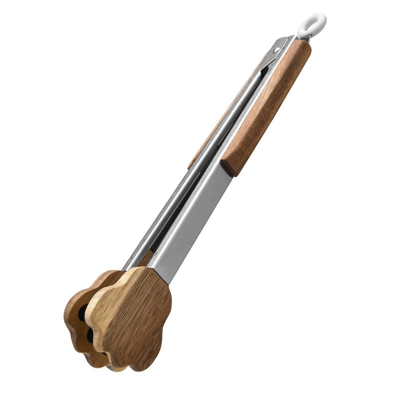 New Cross-Border Acacia Wood Food Clip Food Clip Cat Paw Palm Clip Stainless Steel BBQ Barbecue Tongs Steak Tongs
