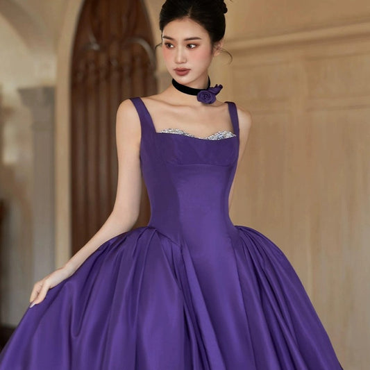 Purple suspender elegant evening dress for birthday party and coming-of-age ceremony2025New Sleeveless Long Dress Satin Elegant Gown