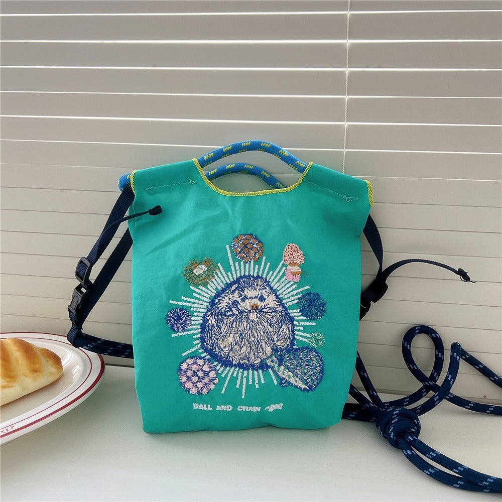 Japanese Style BallChain Same Style Eco-Friendly Embroidered Shopping Bag Nylon Fabric Floral Handheld Niche Fashion Shopping Bag