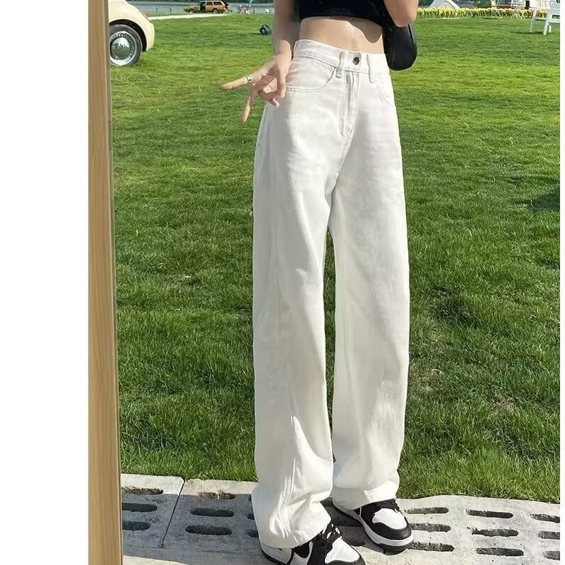 High Waist Loose Slimming Draped Floor-Length White Straight-Leg Jeans for Women Summer New Basic Wide-Leg Pants Trendy