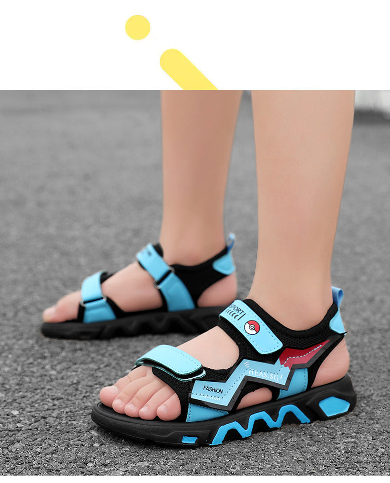 Boys' Fashion Sandals Summer New Children's Velcro Big Kids Student Sports Soft Sole Beach Shoes Non-Slip