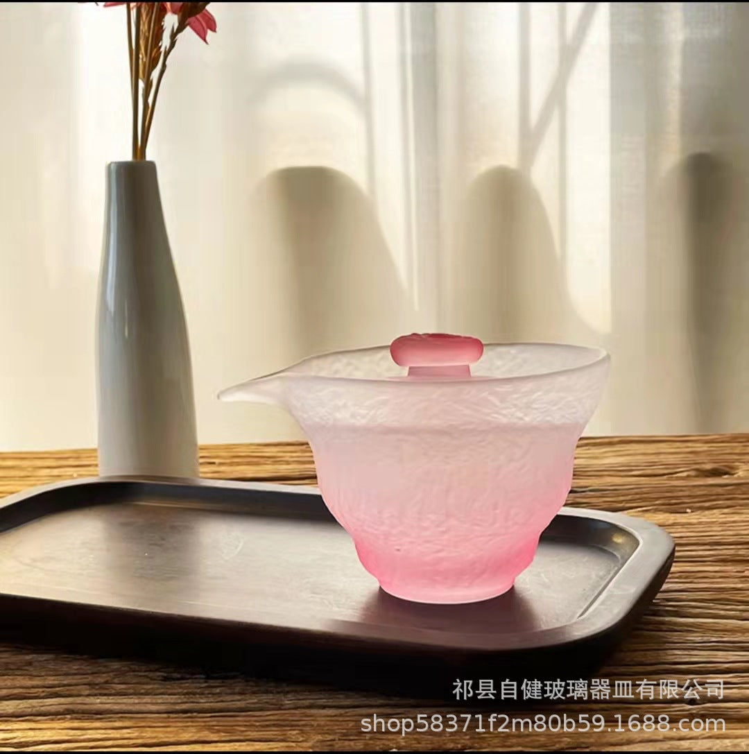 2024National Trend Pink Women's Frosted Glass Tea Set with Gaiwan, Gongdao Cup, Tea Cup, and Tasting Cup Complete Set