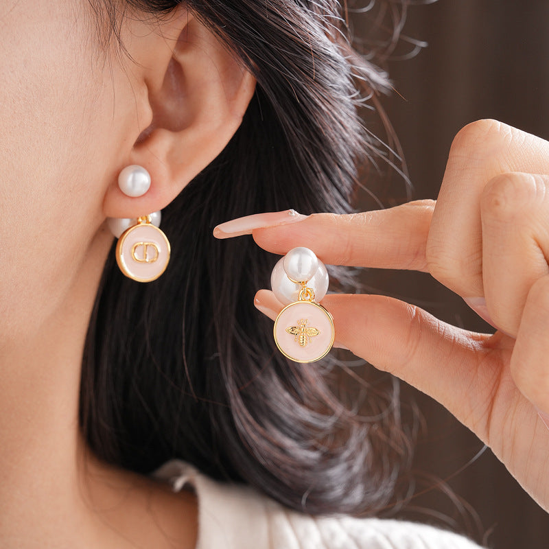 Real Gold Plated Silver Needle Oil Drop Pearl Earrings Versatile High-End Two-Way Wear Earrings French Retro Light Luxury Ear Jewelry