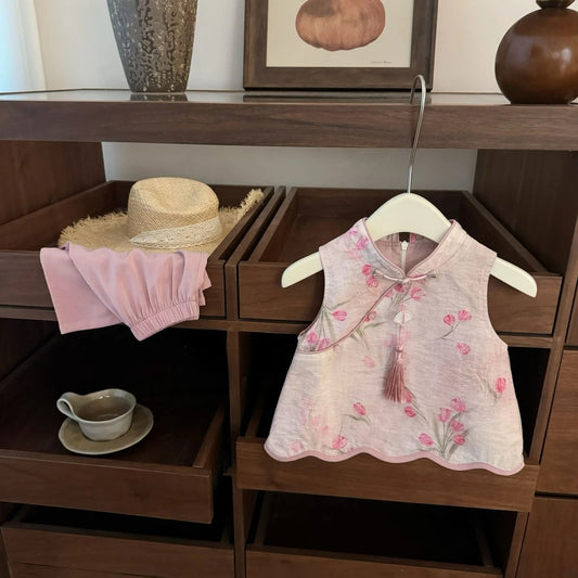 【Sweet Little Chef】Drunk Peach Blossom！Baby Girl New Chinese Style Pink Jacquard Cheongsam Straight Pants Fashionable Set