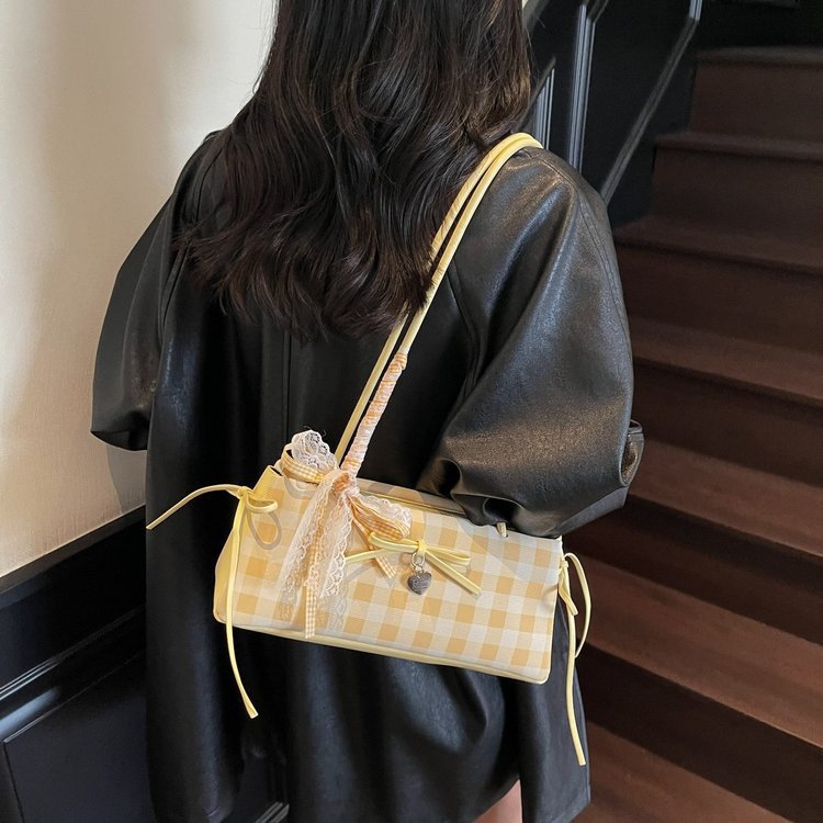 Dopamine Plaid Handbag Small Tote Bag for Women Summer2025New Ballet Style Bow Baguette Bag Underarm Bag Trendy