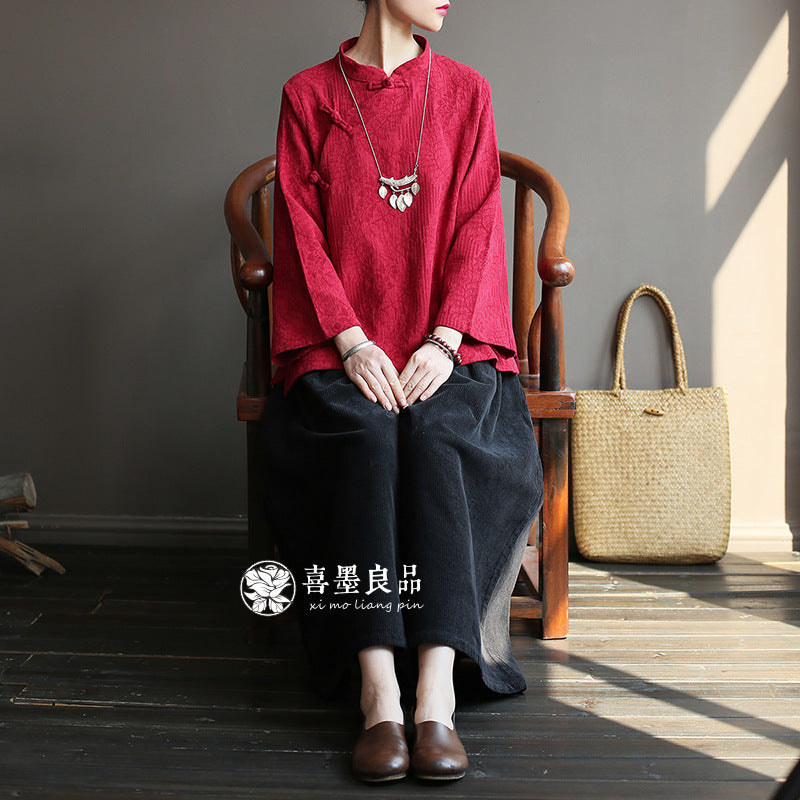 8813Xi Mo Women's Clothing Republic of China Retro Artistic Spring and Autumn New Double Layer Jacquard Button Shirt Chinese Style Short Top