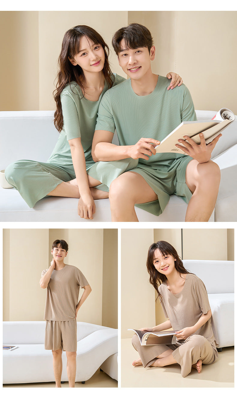 Couple Pajamas Women's Round Neck Short Sleeve Pajama Set Summer Shorts Men's Thin Seamless Ice Silk Homewear Wholesale