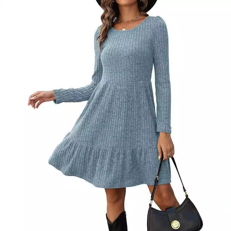2023Autumn and Winter TEMU Amazon European and American Women's Fashion Cross-Border New Striped Round Neck Knitted Sweater Dress for Women