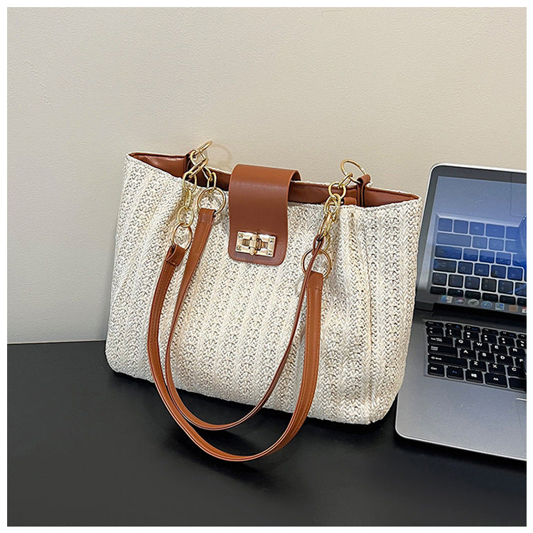 2025Women's Spring New Small Chanel Style Bag for Work Commute Versatile Straw Woven Large Capacity Wide Shoulder Strap Women's Single Shoulder Bag
