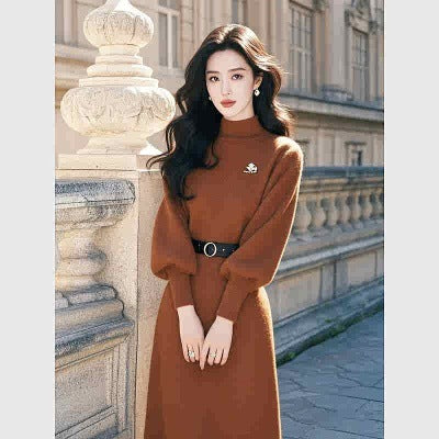 2024Winter French Style High-End Elegant Waist-Cinching Little Chanel Style Khaki Long-Sleeve Knitted Dress for Women