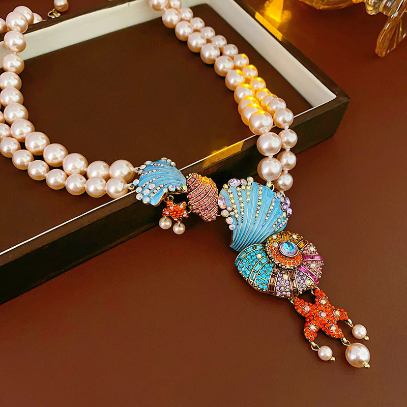 Medieval vintage Necklace with Inlaid Diamonds, Oil Drop Shell Conch Pearl Necklace, Exaggerated Vintage Jewelry Manufacturer Wholesale