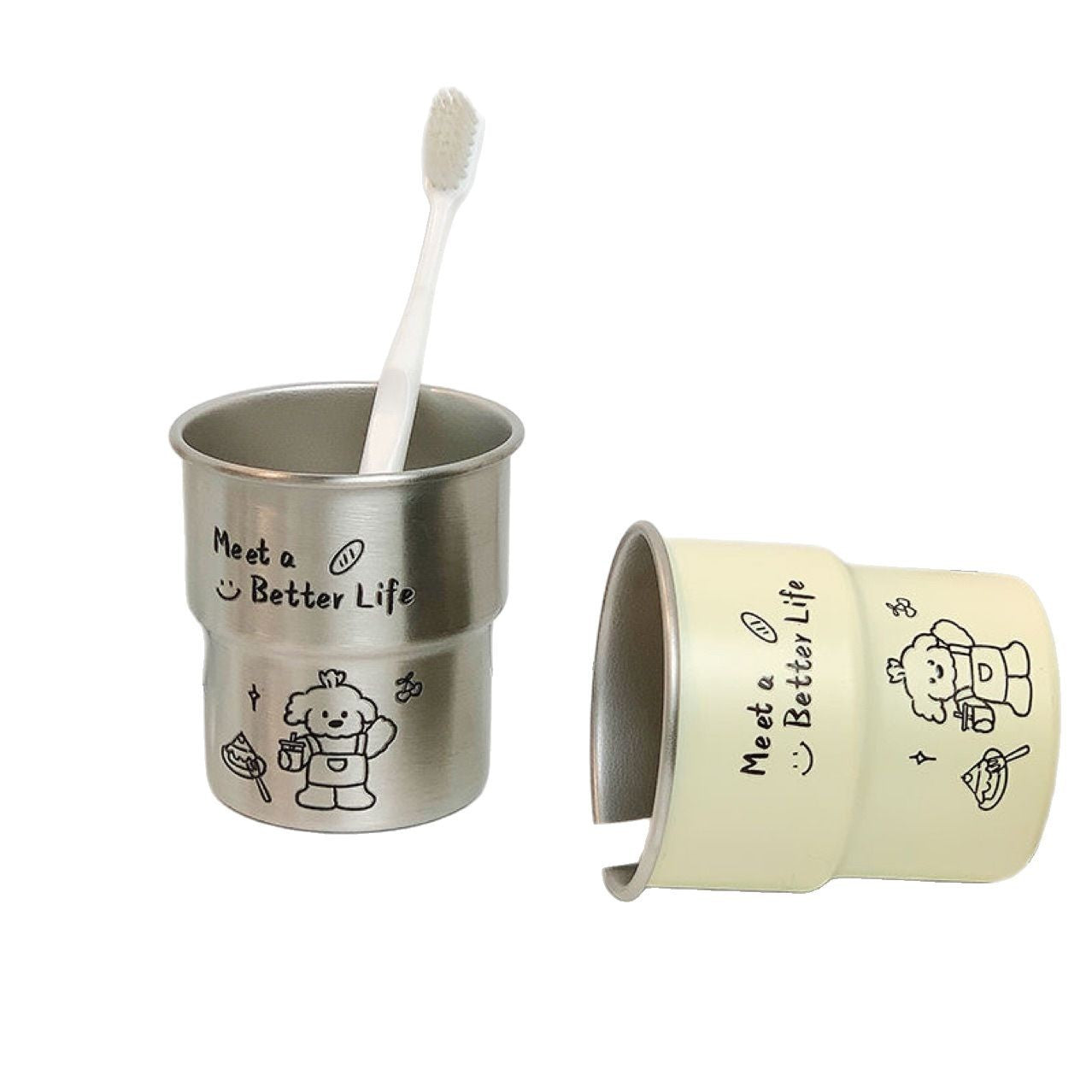 ins Cute Bichon Frise Dog Mouthwash Cup304Stainless Steel Step Simple High-Value Couple Toothbrush