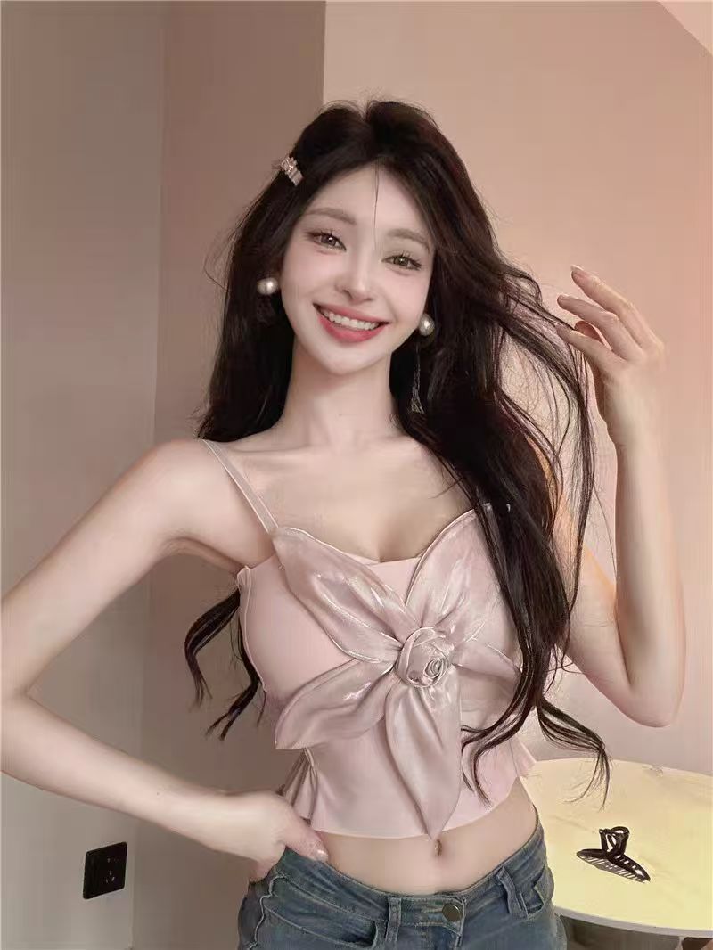 2024New Pure Desire Socialite Temperament Royal Sister Hot Girl Satin Three-Dimensional Flower Slimming Versatile Camisole Top