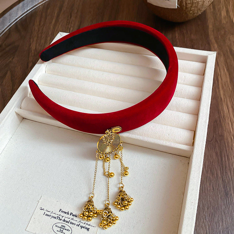 Ethnic Style Velvet Bell Tassel Headband New Chinese Style National Trend High Skull Top Headband Niche High-end Retro Hair Accessory