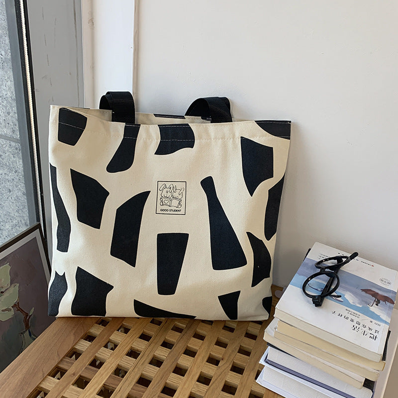 Canvas bag for women, single shoulder, suitable for college students to carry books ins Korean Style Zippered Artistic Design Handheld Canvas Bag
