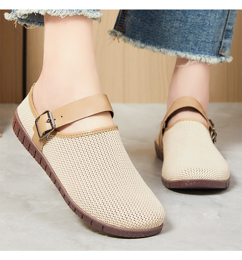 Shoes Women's Casual New Style Versatile Soft Sole Sandals insF French Style Women's Outdoor Slippers Flyknit Mesh Closed Toe Half Slipper