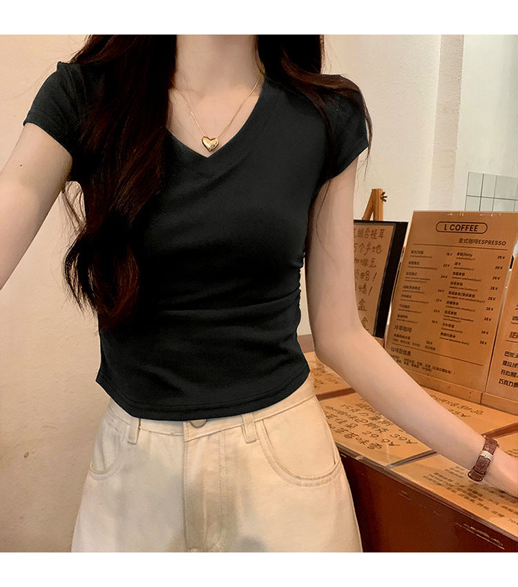 White Slim Fit Ruched t Women's Summer T-shirt2024New design with a structured shoulder and waist-cinching effect for a slimming look V Collar Short Sleeve Top