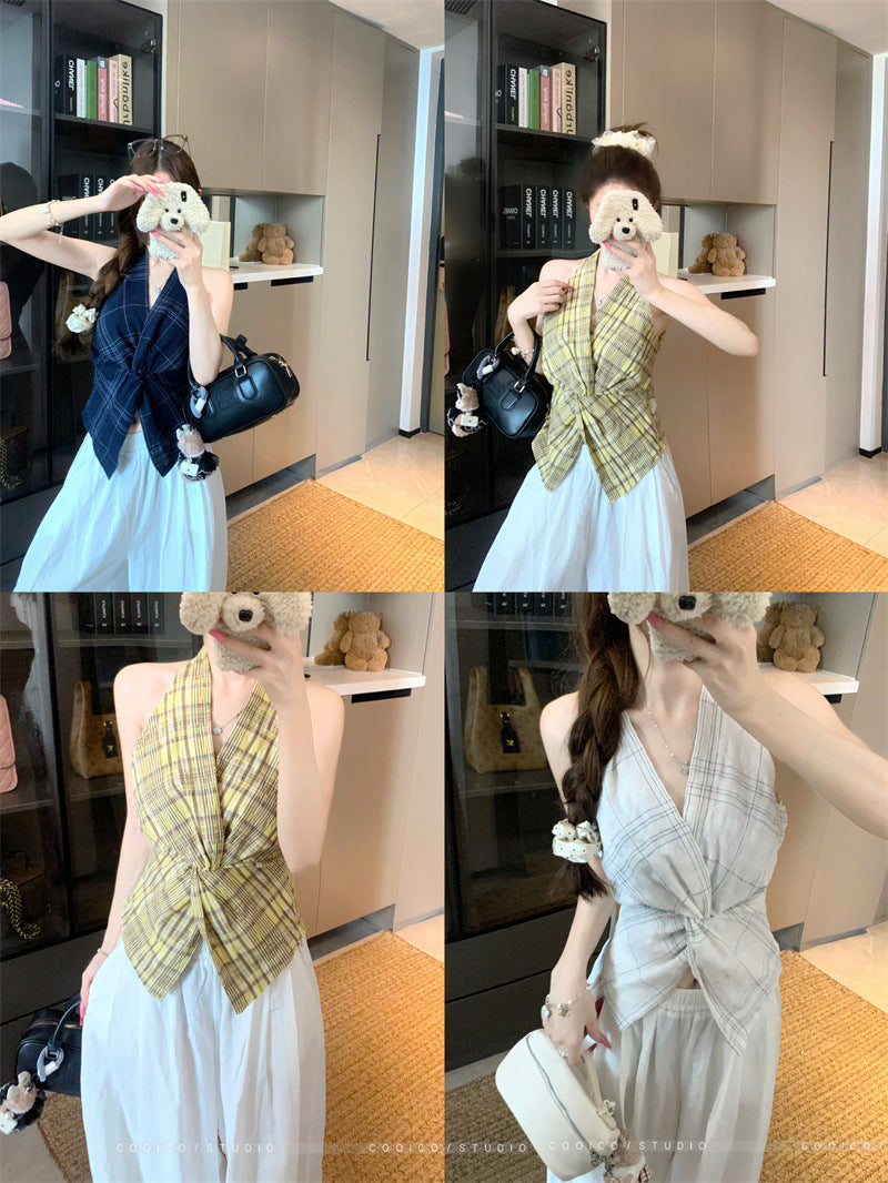 Summer2025New Korean Retro Plaid Knot Waist Slimming Elegant Halter Top Women's Camisole Trendy
