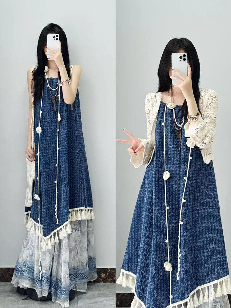 Vintage Design Summer Denim New Tassel Strap Dress for Female Students Hollow Out Sunscreen Cardigan Two-Piece Set